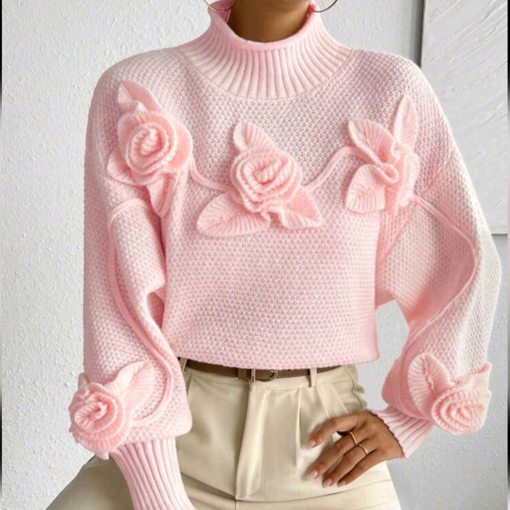 Floral Applique Crew Neck Casual Pullover Sweater - Picture 5 of 6